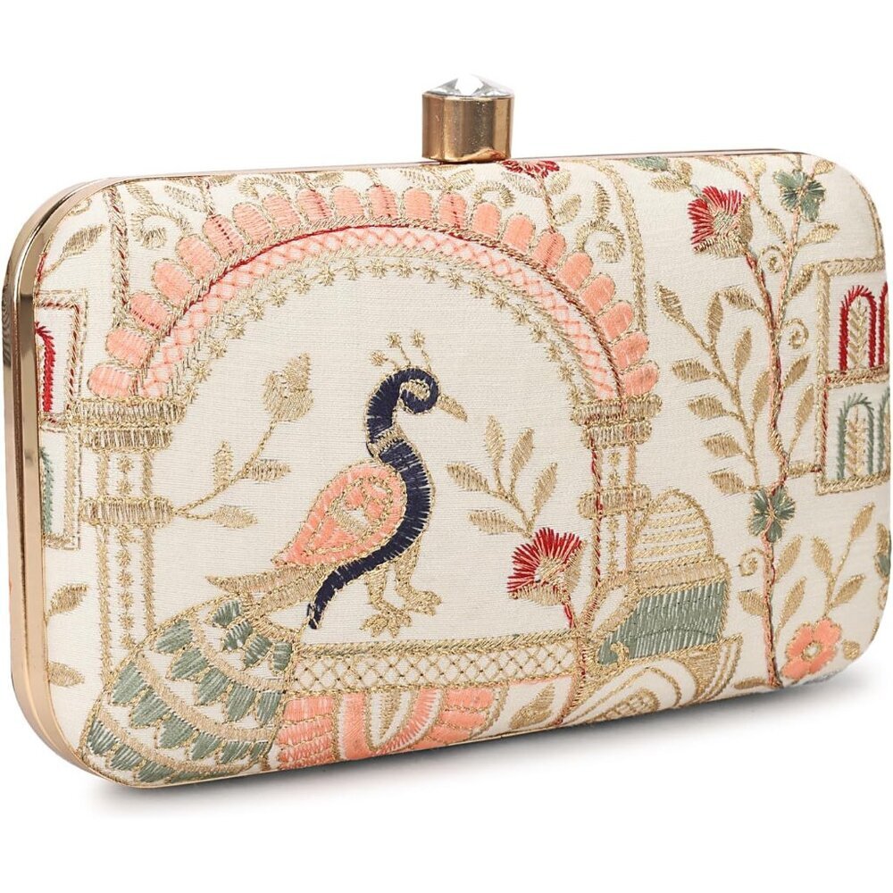Handcrafted Zari Embroidery Box Clutch - Elegant Evening Purse in Cream - Picture 1 of 7